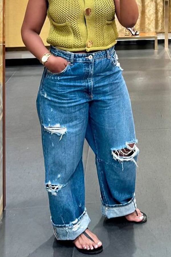 Casual Ripped Acid Wash Wide Leg Jeans