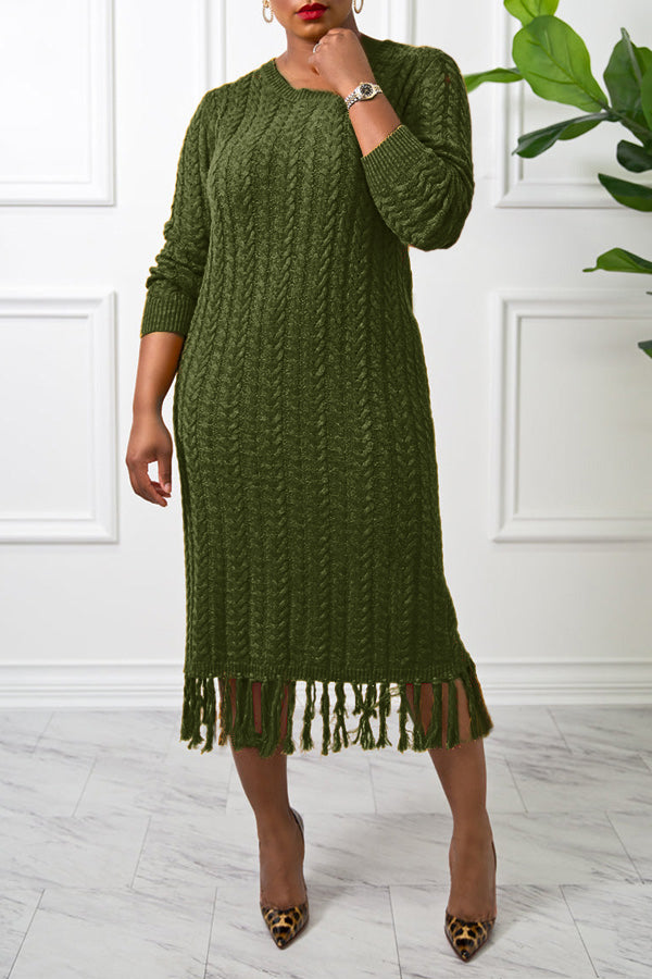 Warm And Styliah Cable Knit Fringe Trim Dress