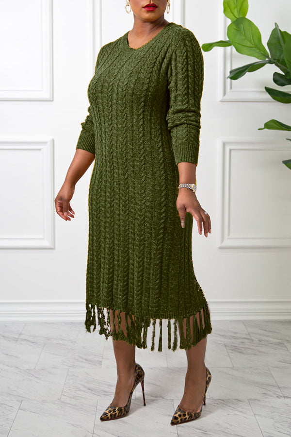 Warm And Styliah Cable Knit Fringe Trim Dress