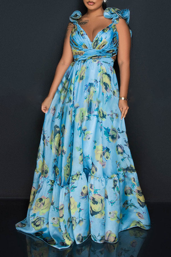 Vacation Floral Print Tie Backless Ruffle Maxi Dress