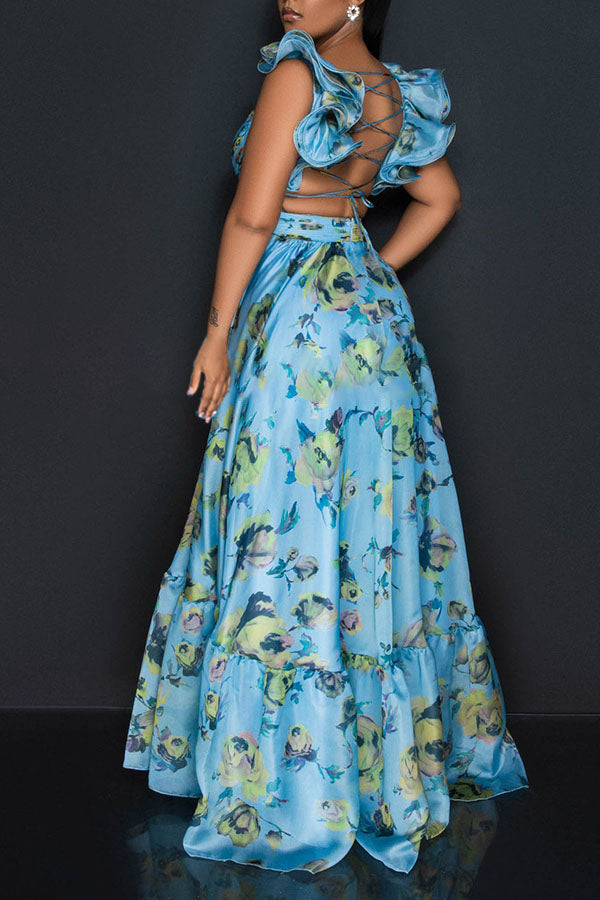 Vacation Floral Print Tie Backless Ruffle Maxi Dress