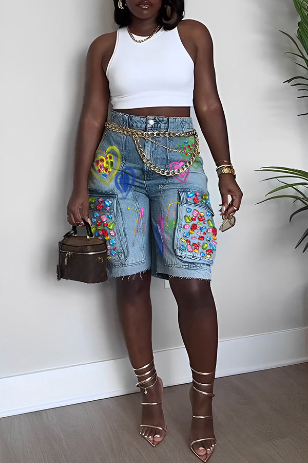 Stylish Graphic Print Ripped High Waist Jeans