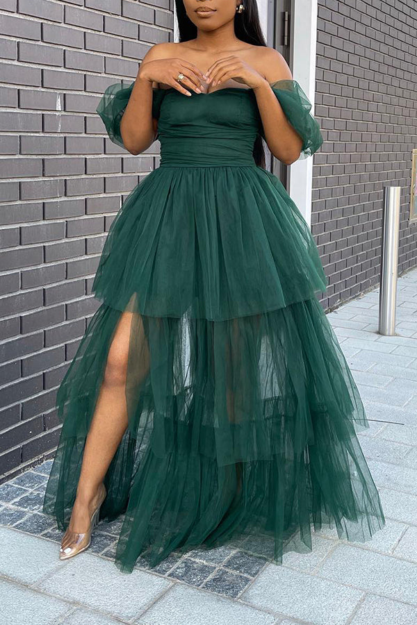 Off Shoulder Layered Mesh Party Dress