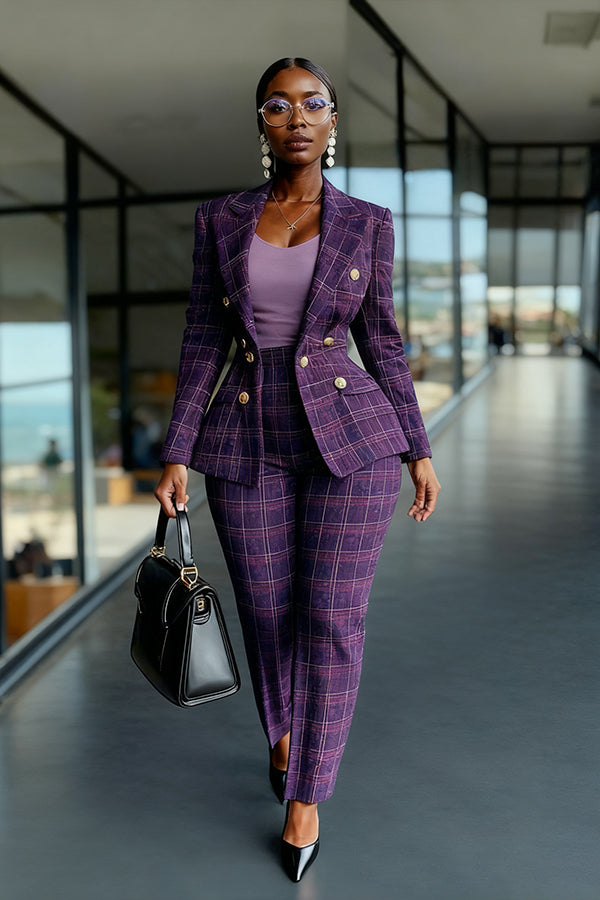 Stylish Plaid Lapel Collar Blazer & Pants Set