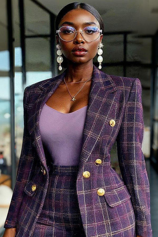 Stylish Plaid Lapel Collar Blazer & Pants Set