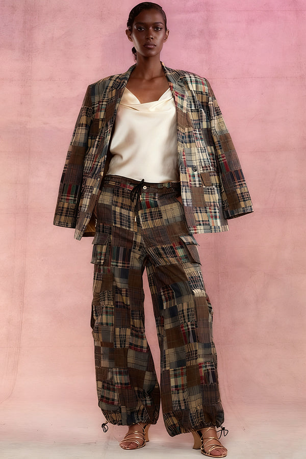 Chic Plaid Blazer & Drawstring Cargo Pants Set