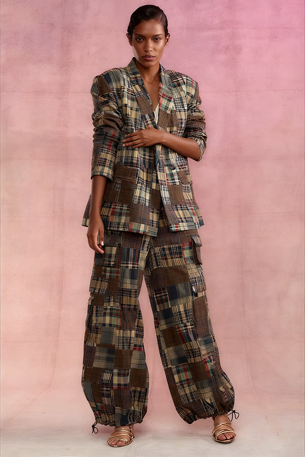 Chic Plaid Blazer & Drawstring Cargo Pants Set