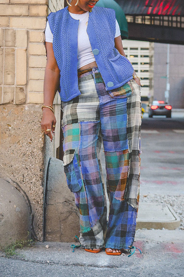 Designer Plaid Color Blocked Straight Leg Pants