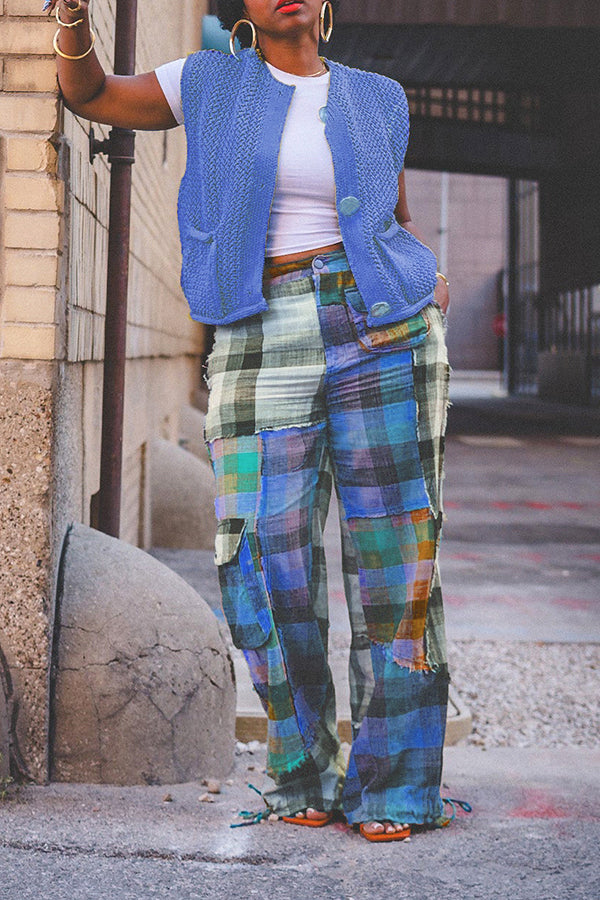 Designer Plaid Color Blocked Straight Leg Pants