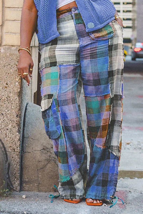 Designer Plaid Color Blocked Straight Leg Pants