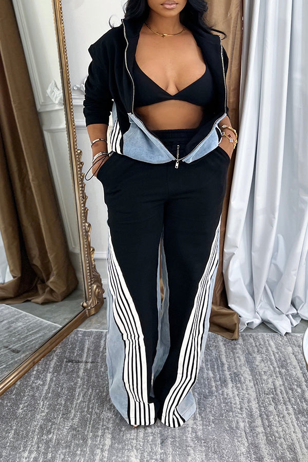 Stylish Denim Patch Striped Jacket And Pant Set