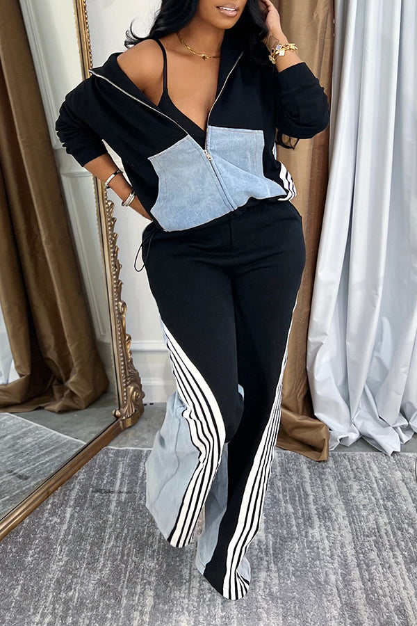 Stylish Denim Patch Striped Jacket And Pant Set