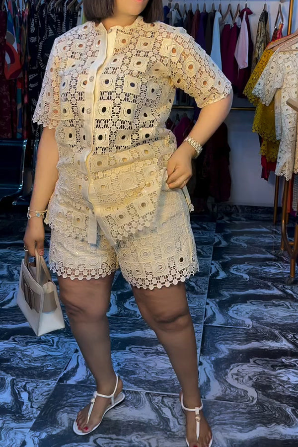Chic Button Up Lace Top & Shorts Set