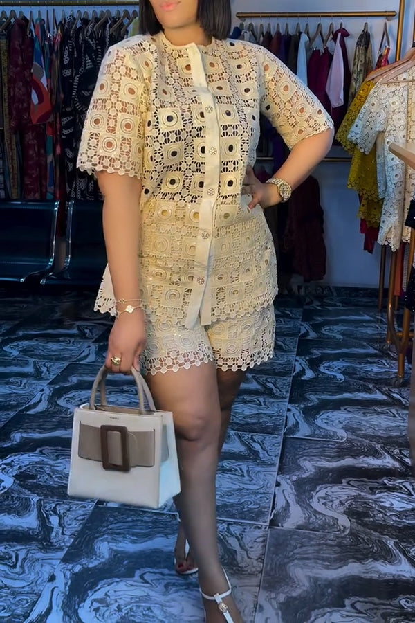 Chic Button Up Lace Top & Shorts Set