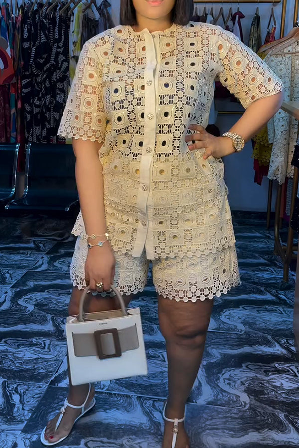 Chic Button Up Lace Top & Shorts Set