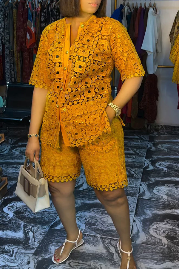Chic Button Up Lace Top & Shorts Set