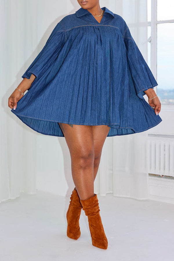 Stylish Pleated Denim Mini Dress