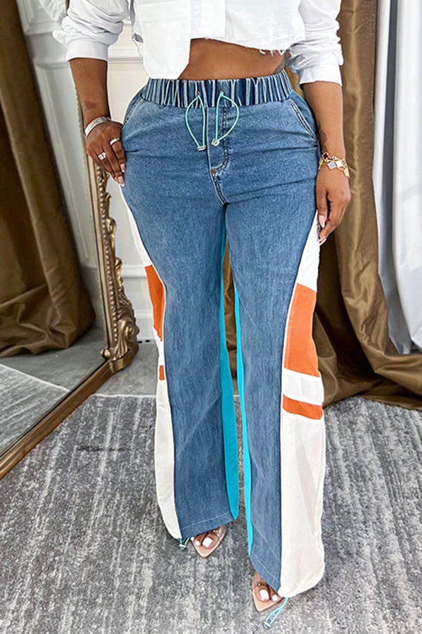 Stylish Striped Drawstring Patch Jeans