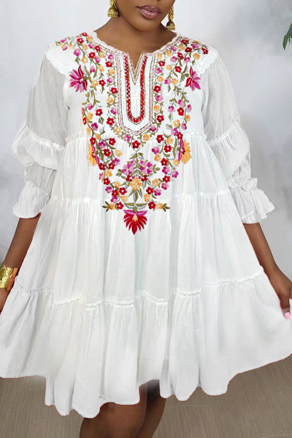 Holiday Embroidered Patchwork Babydoll Dress