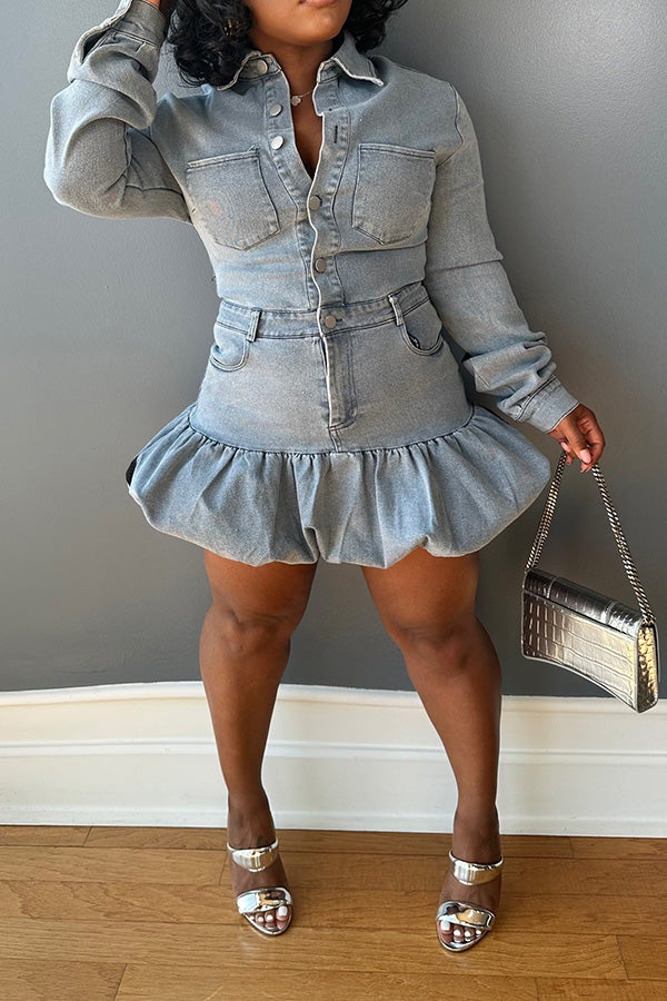 Retro Washed Denim Bud Hem Dress