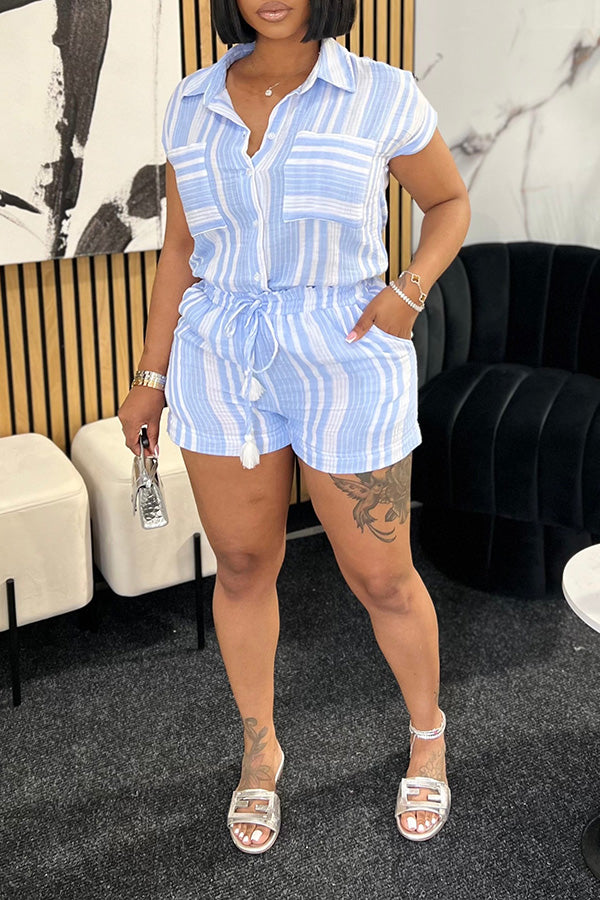 Casual Striped Shirt & Drawstring Short Set