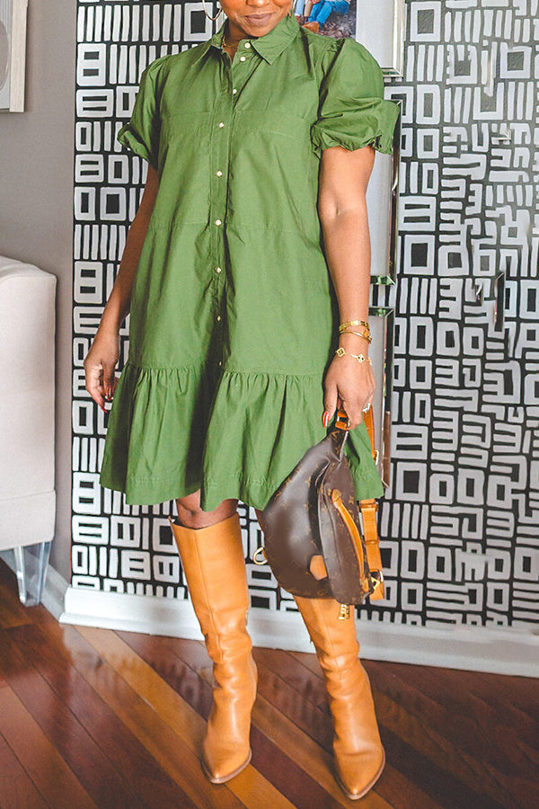 Casual Solid Shirt Ruffle Hem Dress