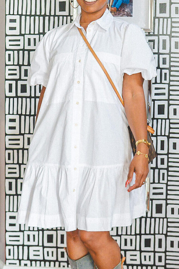 Casual Solid Shirt Ruffle Hem Dress