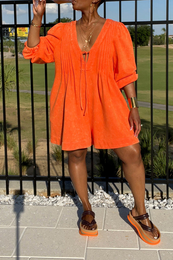 Loose Tie-front Pleated Wide Leg Romper 