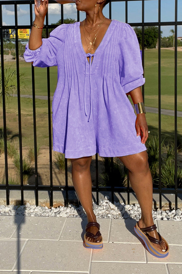 Loose Tie-front Pleated Wide Leg Romper