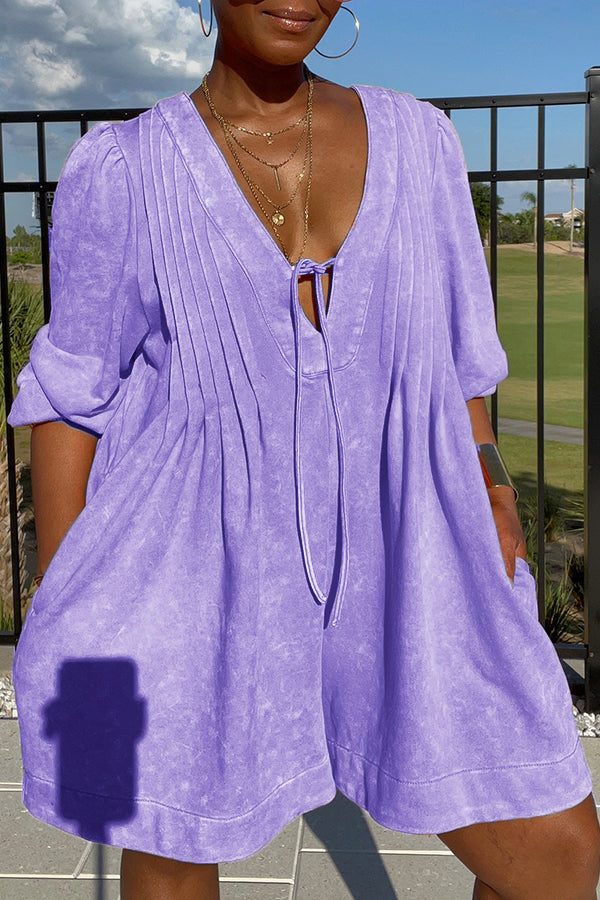 Loose Tie-front Pleated Wide Leg Romper