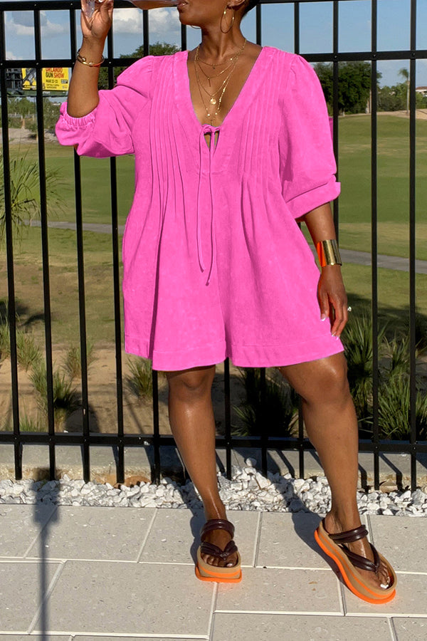 Loose Tie-front Pleated Wide Leg Romper