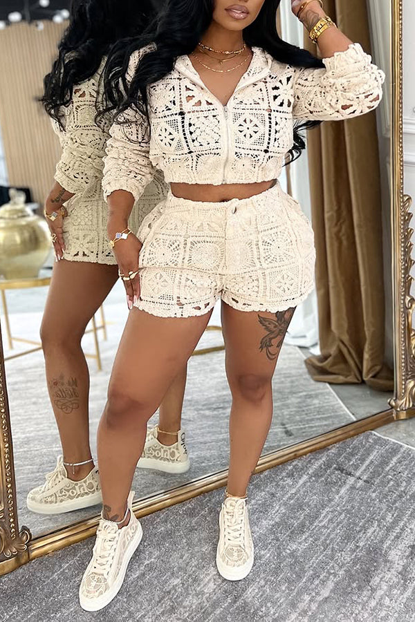 Stylish Lace Hooded Top & Shorts Set