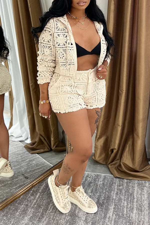 Stylish Lace Hooded Top & Shorts Set