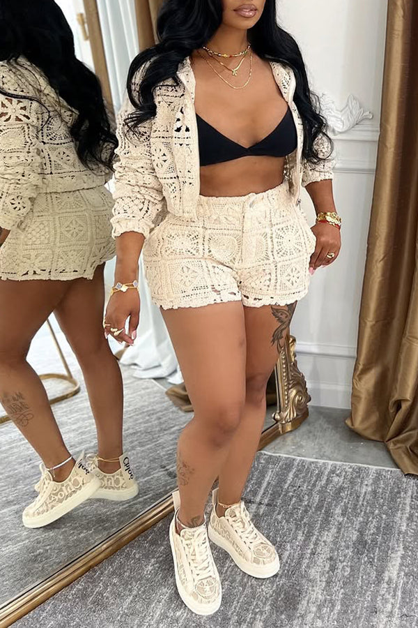 Stylish Lace Hooded Top & Shorts Set