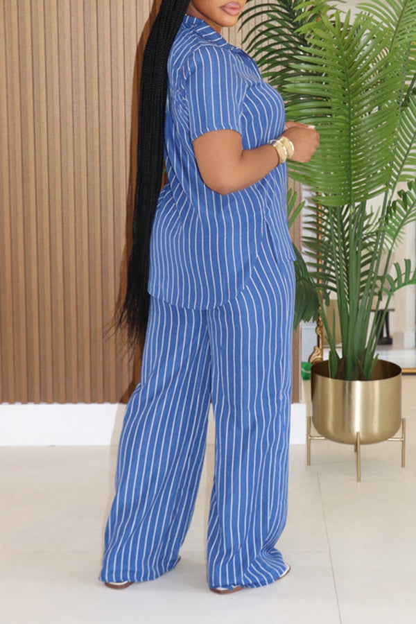 Basic Striped Blouse & Straight Pants Set