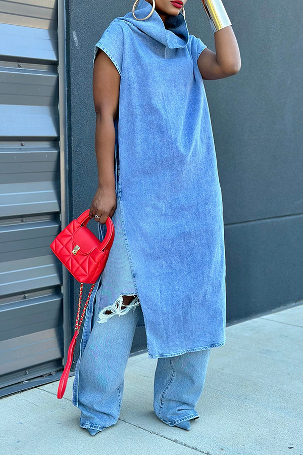 Oversized Adjustable Side Belts Denim Poncho