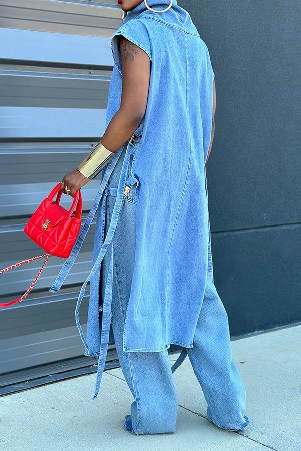 Oversized Adjustable Side Belts Denim Poncho