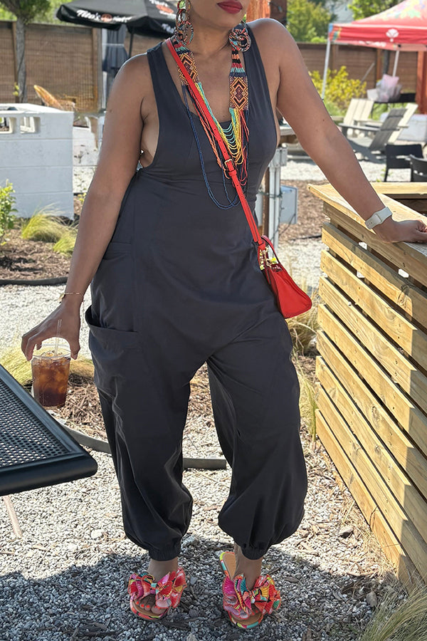 Unique Design Back Tie Drop Crotch Jumpsuit