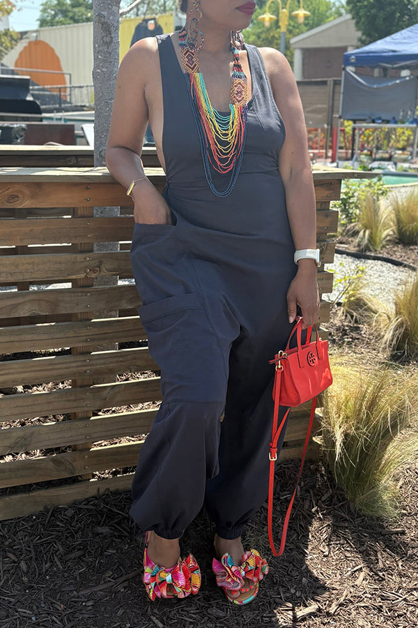 Unique Design Back Tie Drop Crotch Jumpsuit