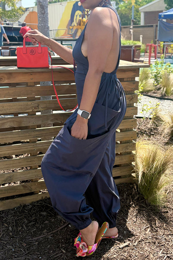 Unique Design Back Tie Drop Crotch Jumpsuit