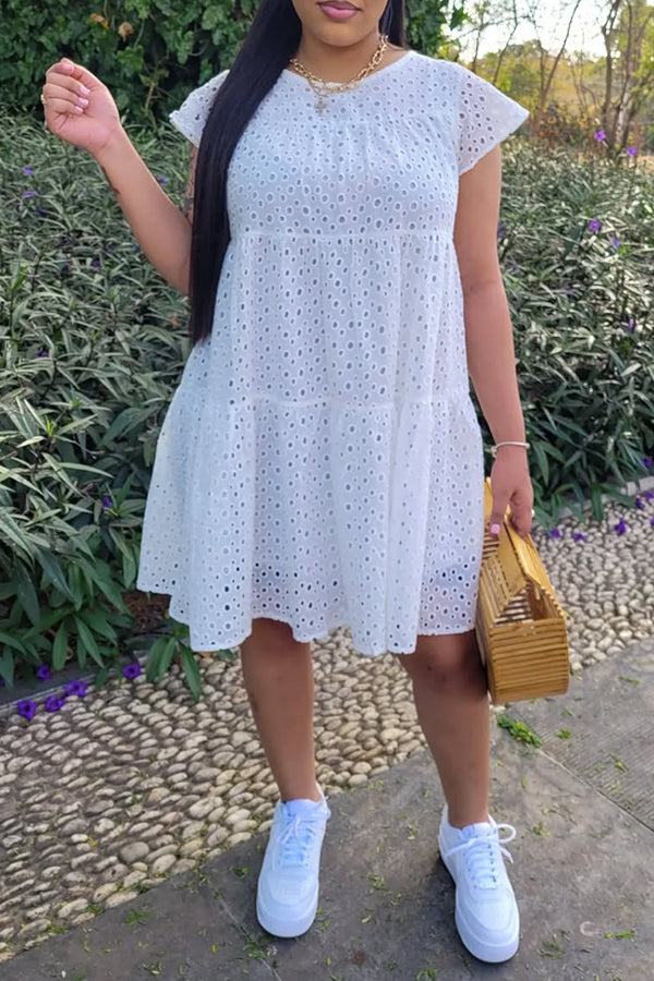 Vacation Embroidery Ruffle Hem Dress