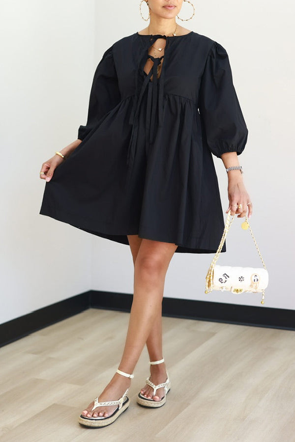 Classic Lantern Sleeve Pleated Hem Mini Dress