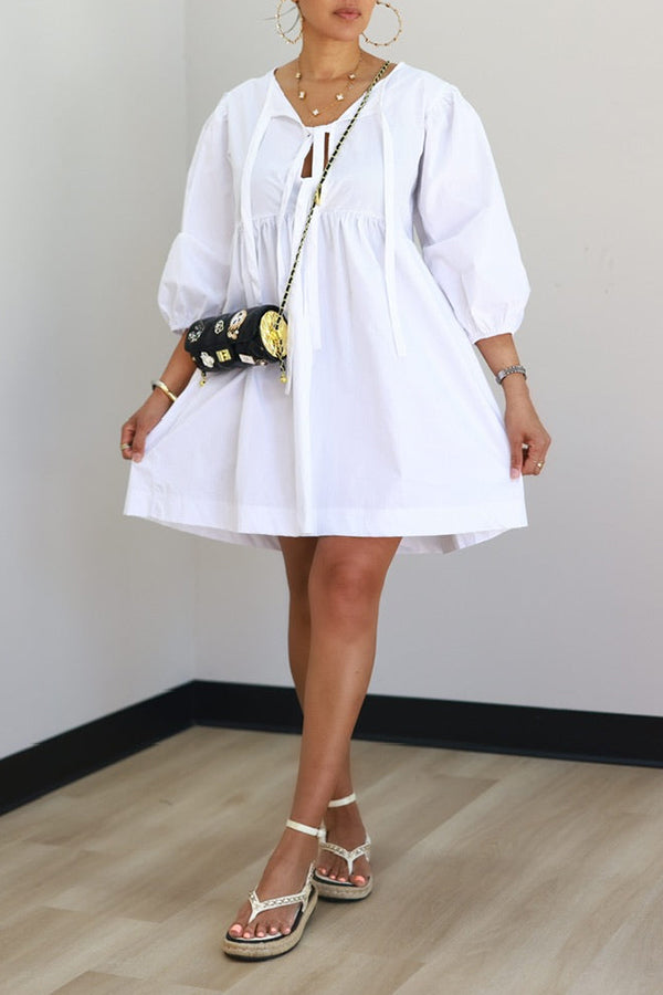 Classic Lantern Sleeve Pleated Hem Mini Dress