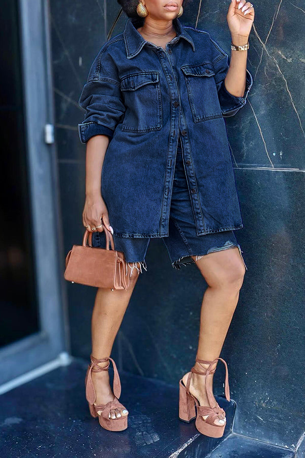 Casual Denim Flap Pocket Jacket & Shorts Set