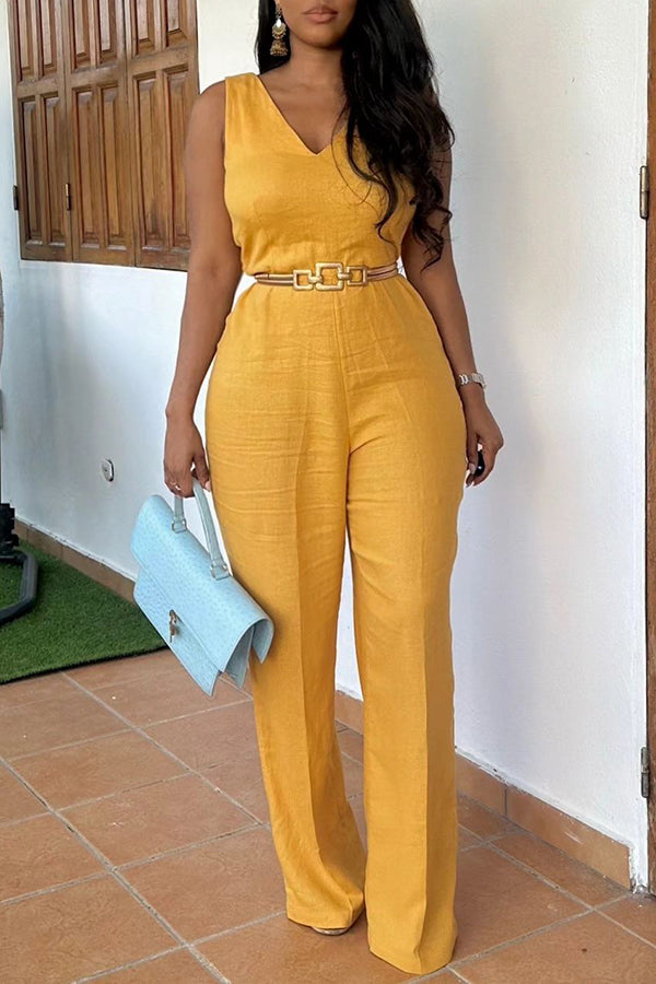 Stylish Casual Solid V-Neck Jumpsuit