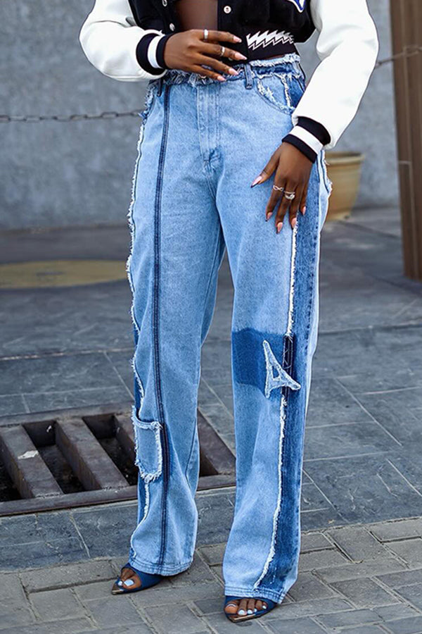 Fashionable Color Block Fringed Jeans