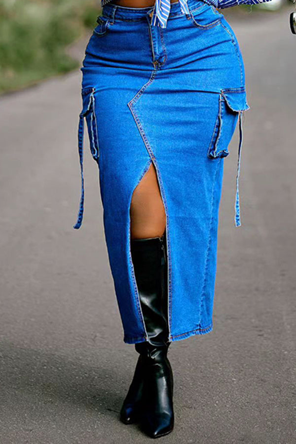 Fashionable Slit Double Pocket Denim Skirt