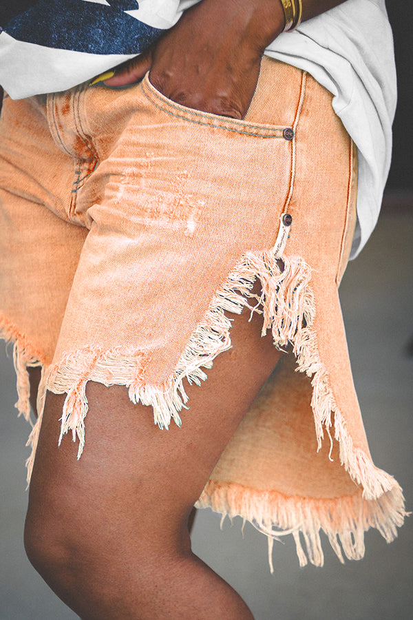 Fashion Irregular Fringed Hem Denim Shorts