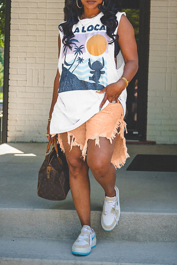 Fashion Irregular Fringed Hem Denim Shorts