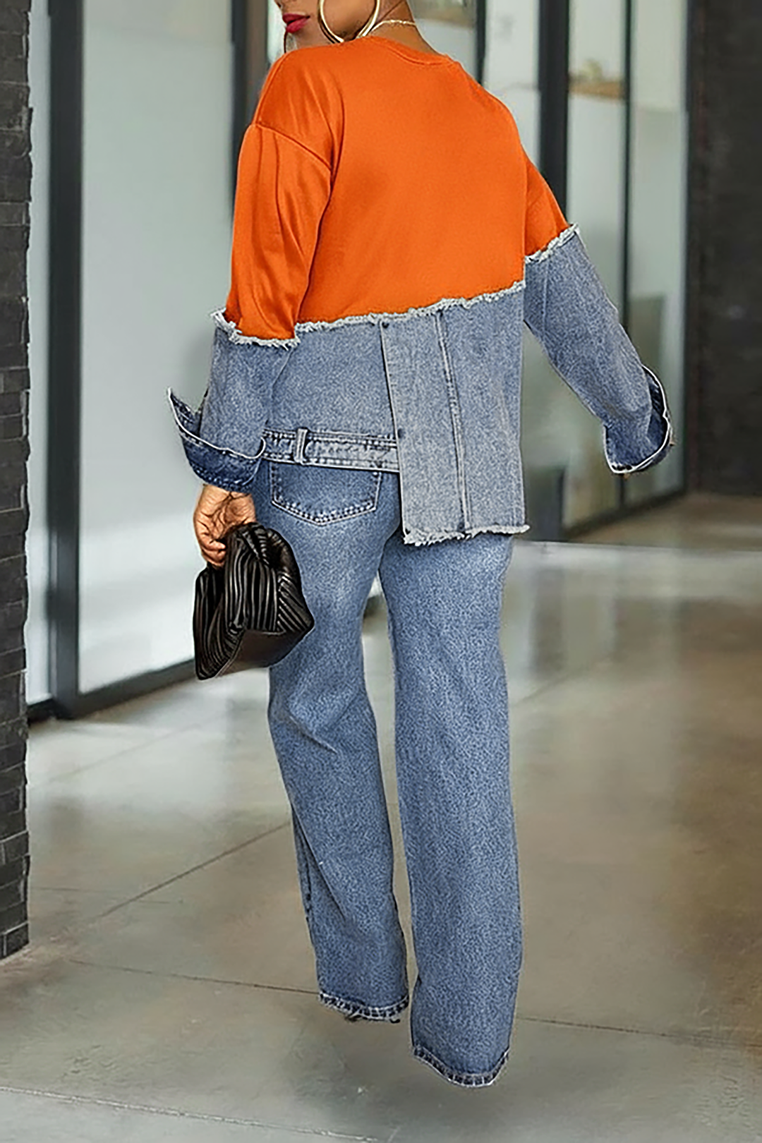 Stylish Irregular Hem Denim Patch Sweatshirt